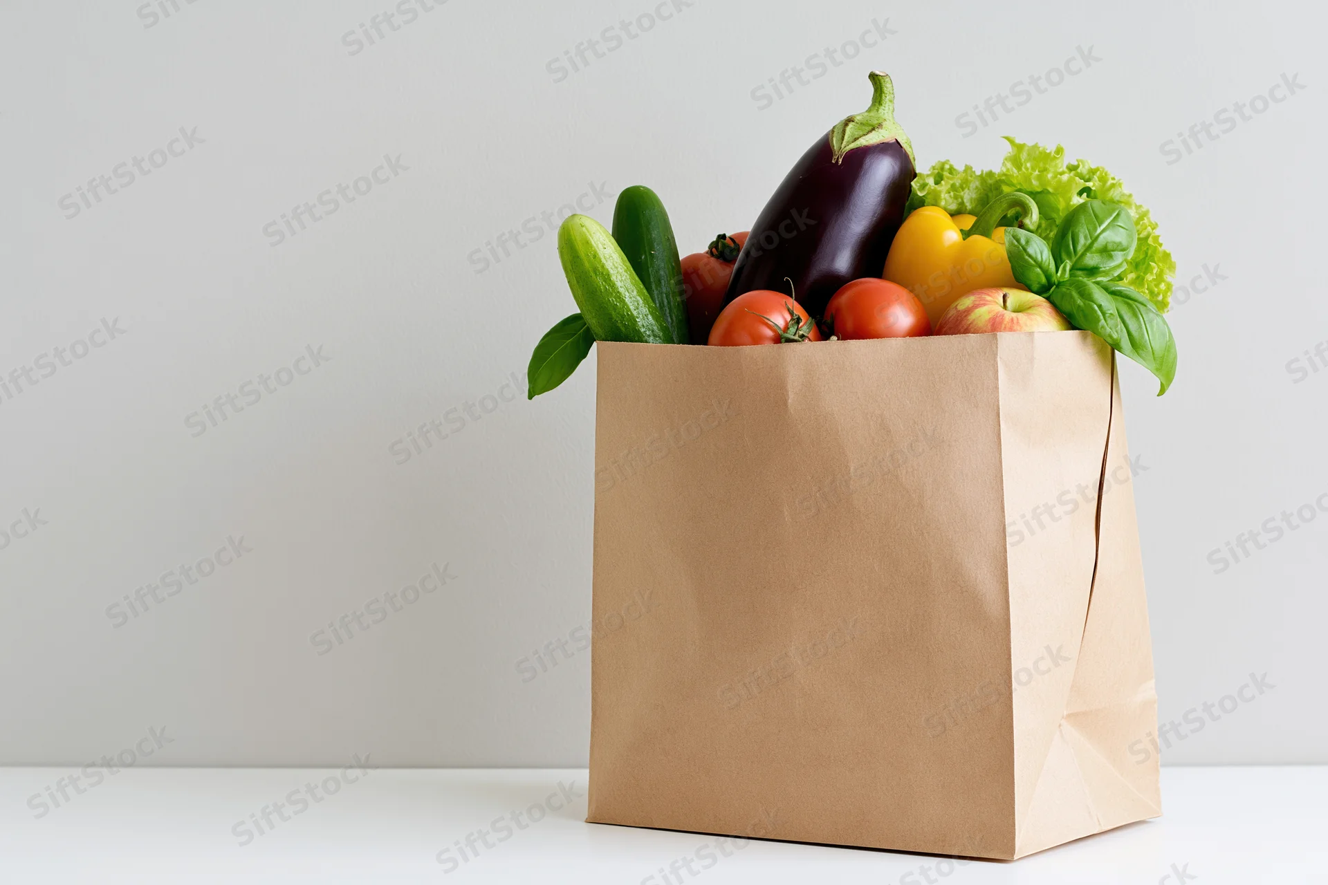 Brown paper grocery bag filled with fresh vegetables on white surface