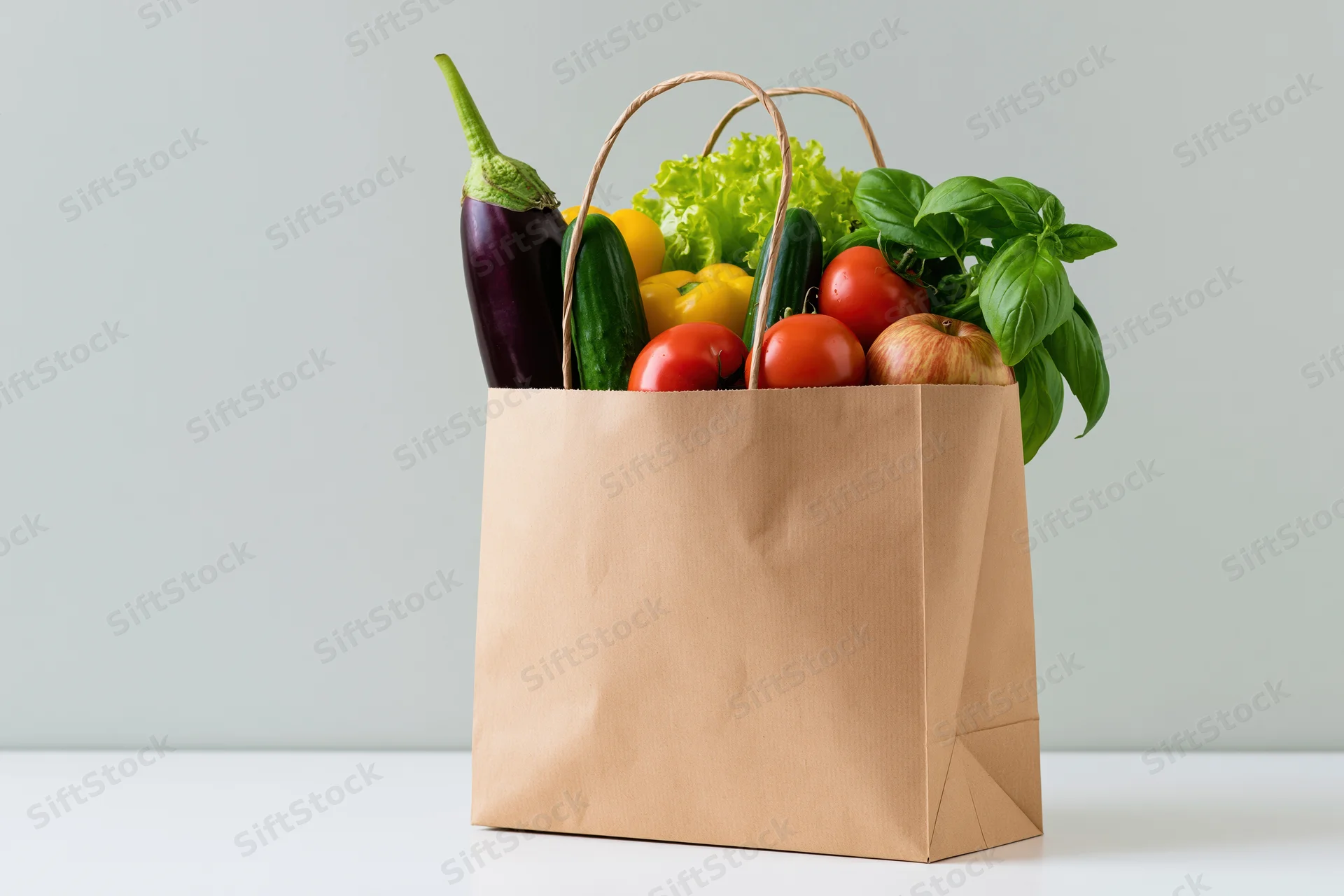 Brown paper grocery bag filled with fresh vegetables on white surface
