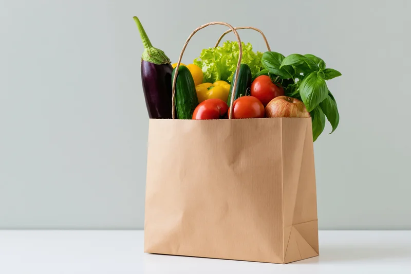 Brown paper grocery bag filled with fresh vegetables on white surface