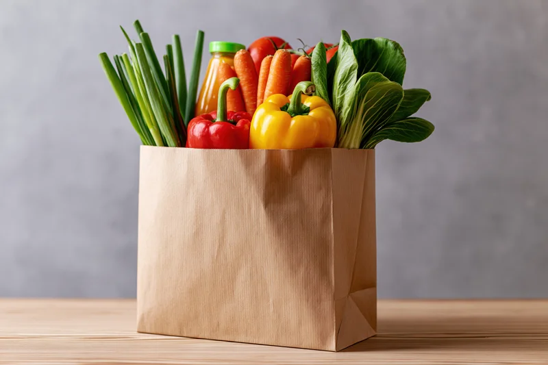 Brown kraft paper grocery bag filled with fresh vegetables on wooden countertop