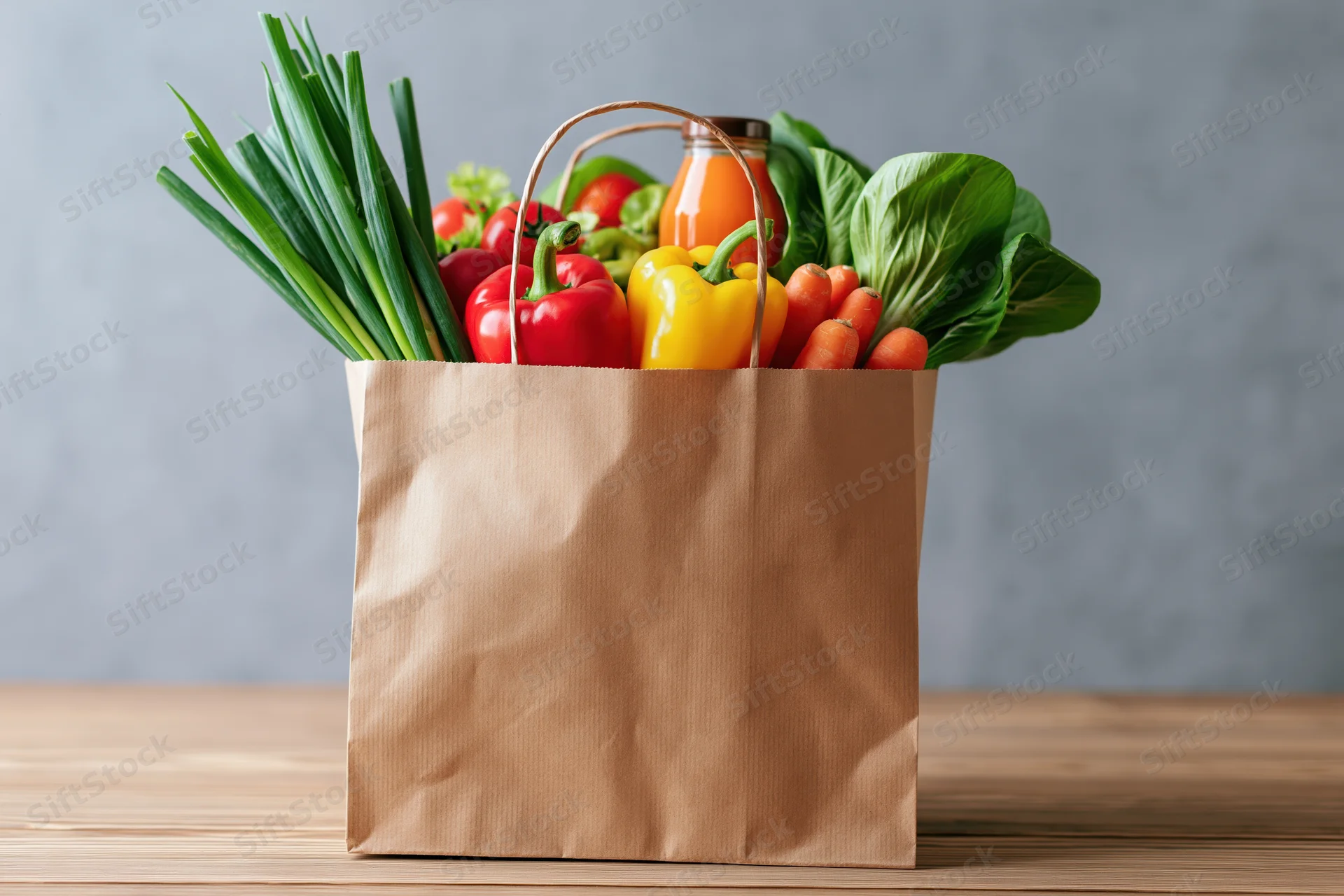 Brown paper grocery bag filled with fresh vegetables on wooden table