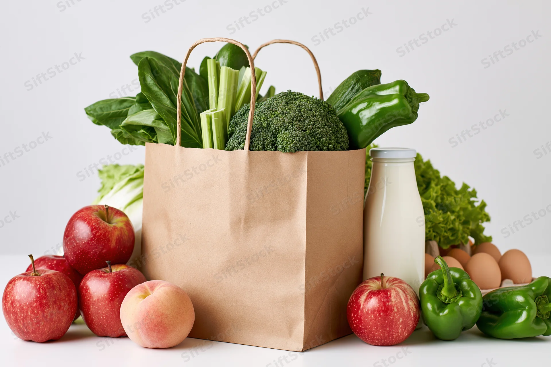 Brown paper grocery bag filled with fresh vegetables and fruits on white surface