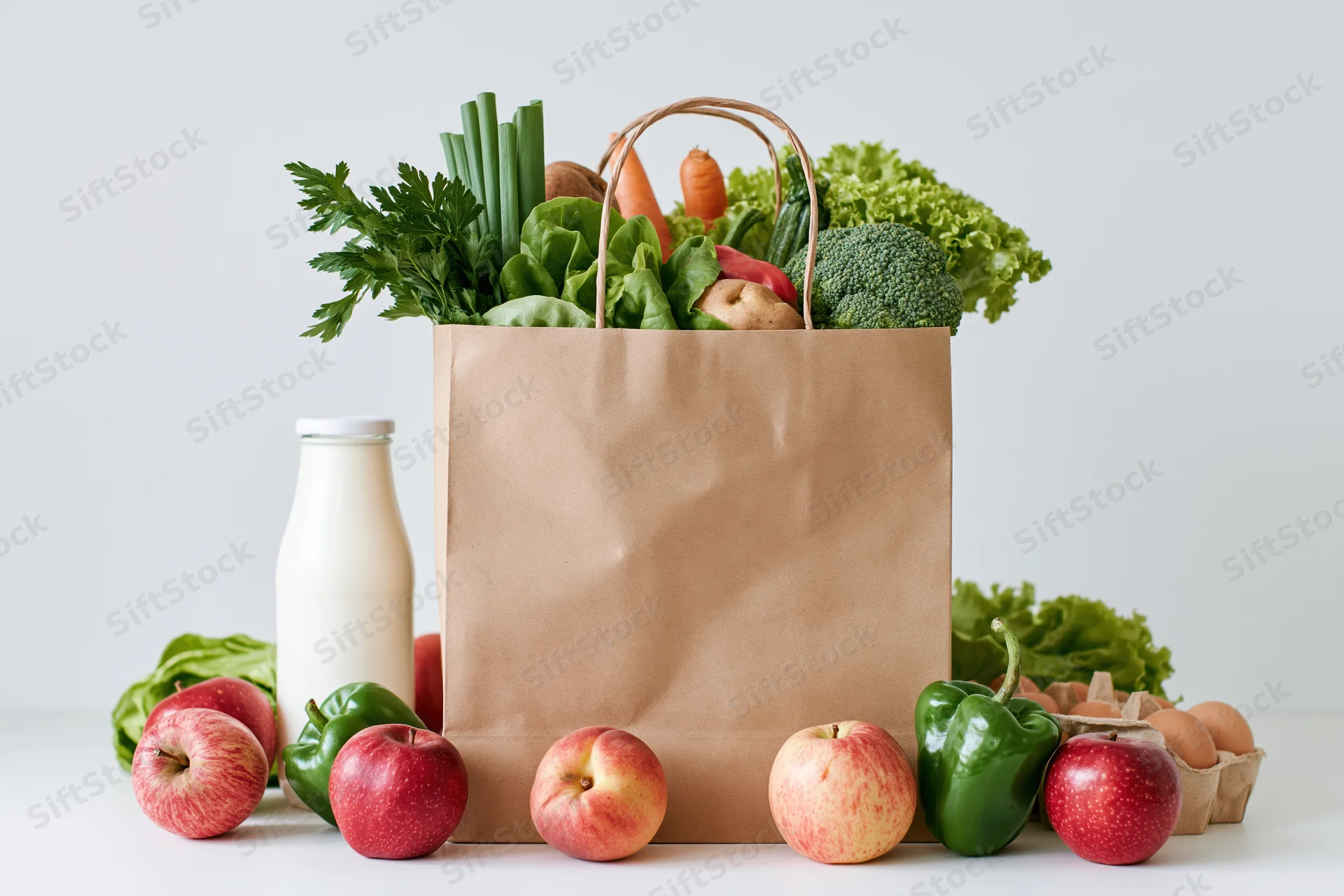 Brown paper grocery bag filled with fresh vegetables and fruits on white surface