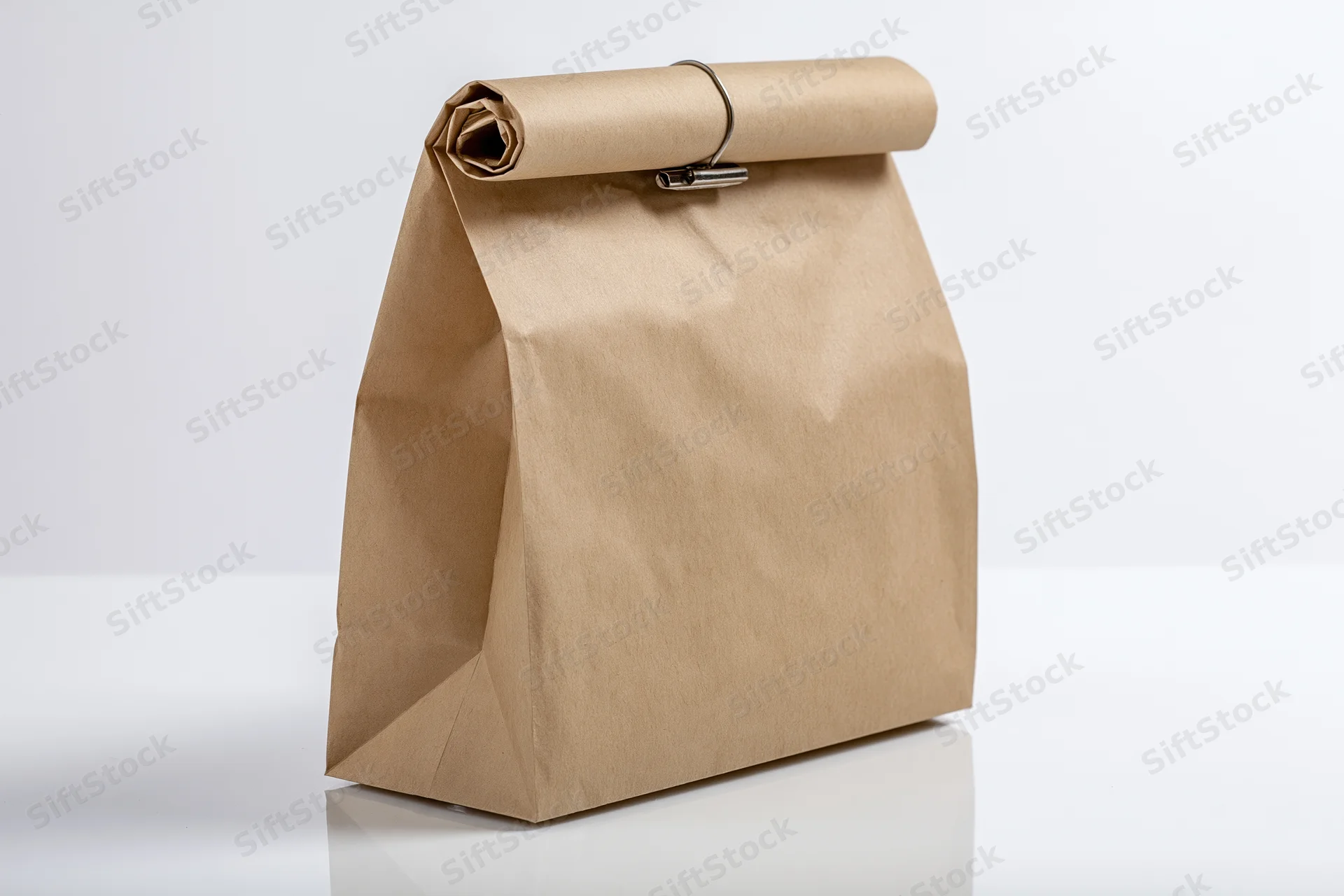Brown kraft paper lunch bag with rolled top sealed by metal clip on white surface