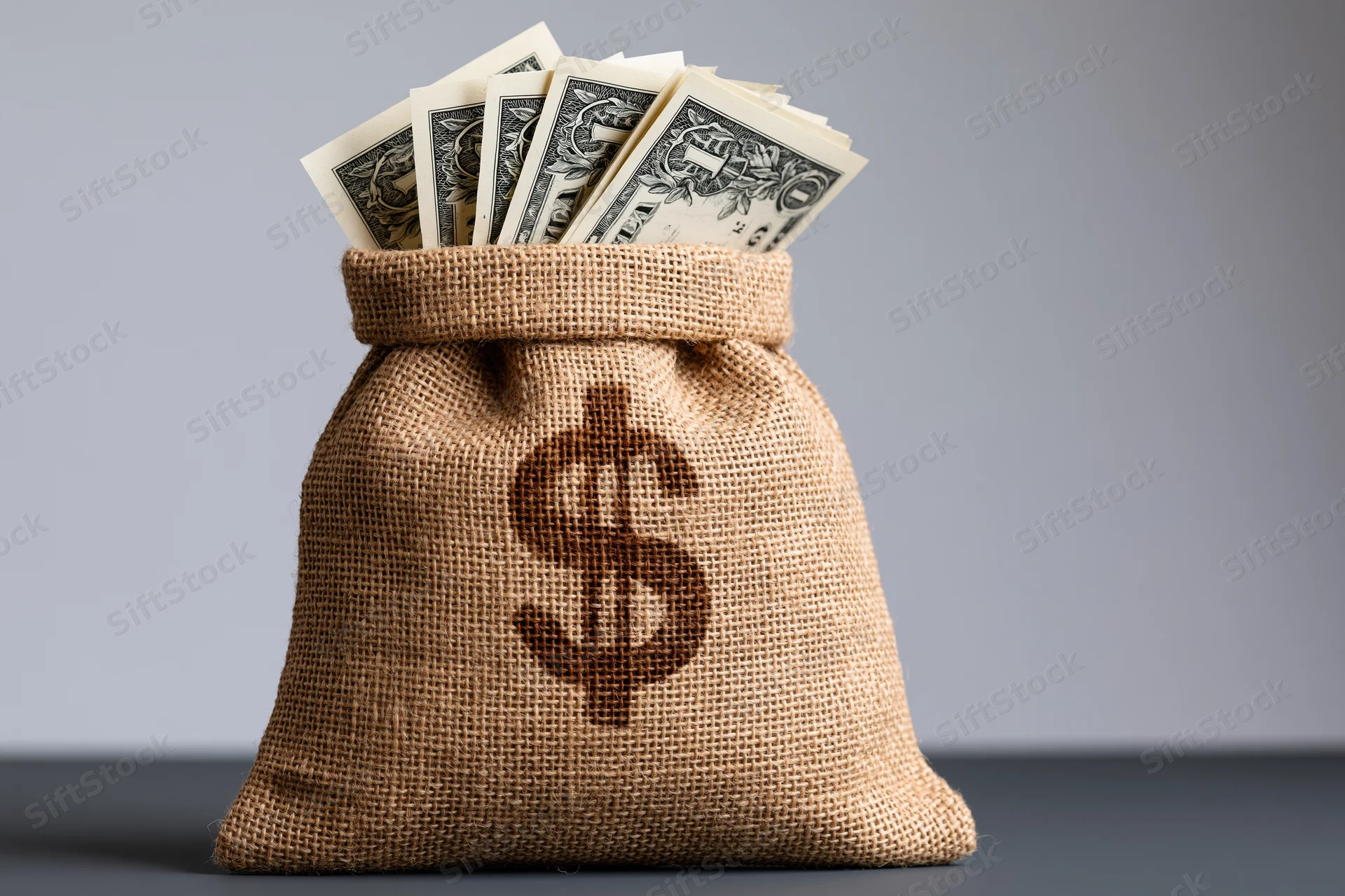 Burlap money bag with dollar sign and cash bills sitting upright on a gray surface