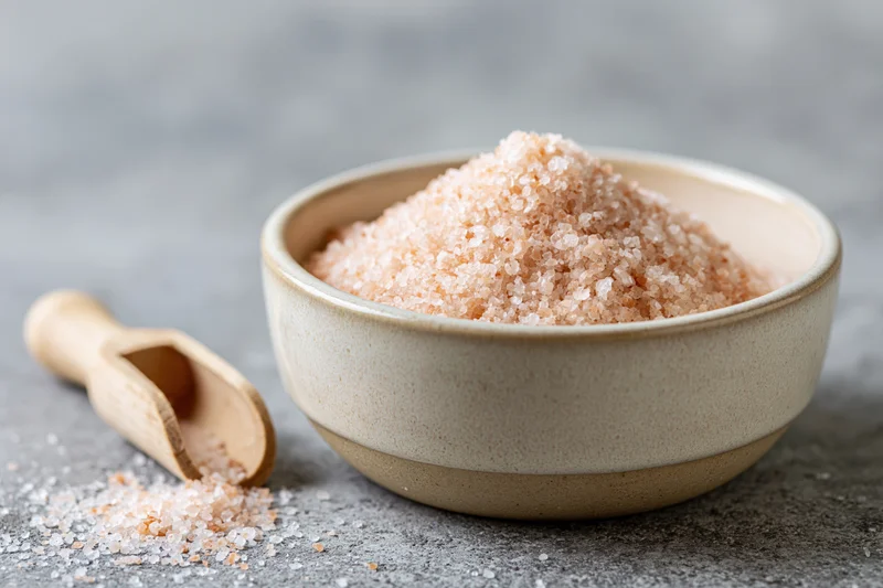 Pink himalayan salt heaped in a ceramic bowl with a wooden scoop on a gray stone surface