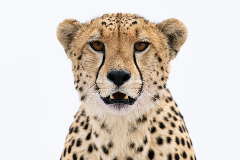 Cheetah facing camera with mouth slightly open in close-up portrait