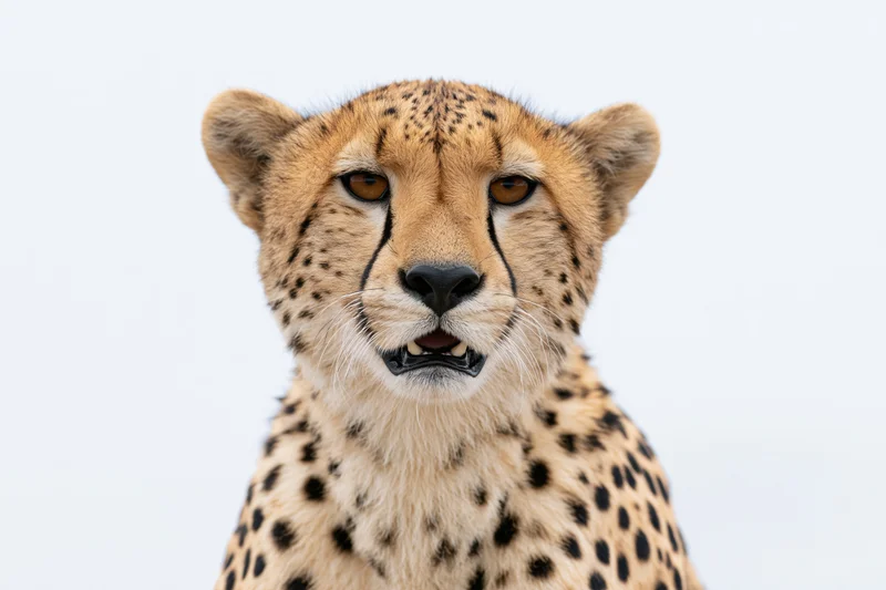 Cheetah facing camera with mouth slightly open in close-up portrait