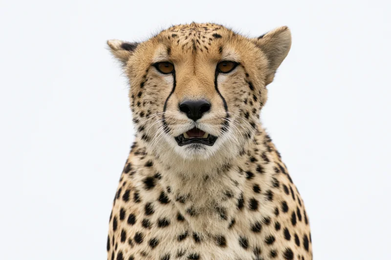 Cheetah facing camera with mouth slightly open in close-up portrait against white background