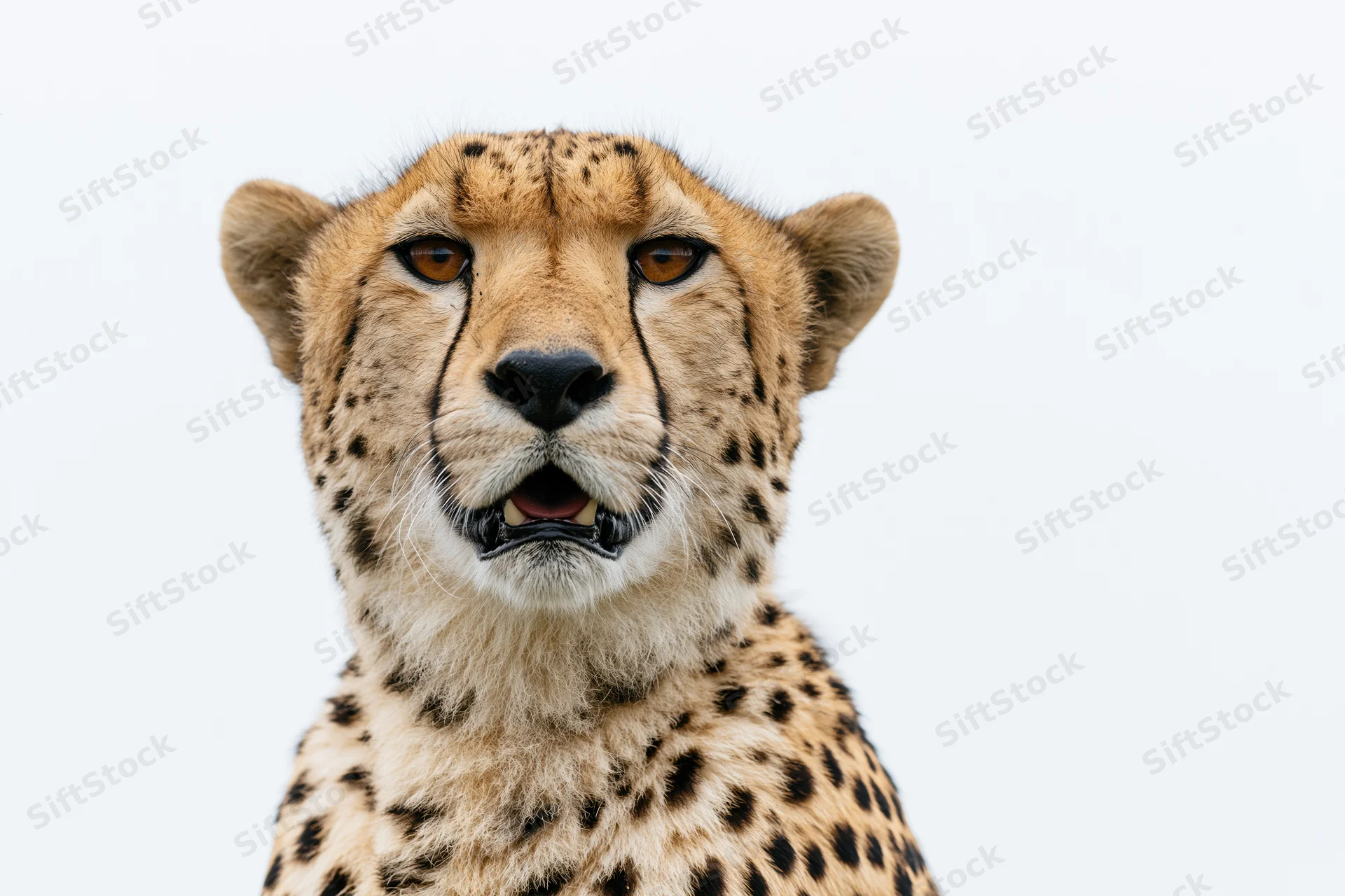 Cheetah facing camera with mouth slightly open in close-up portrait