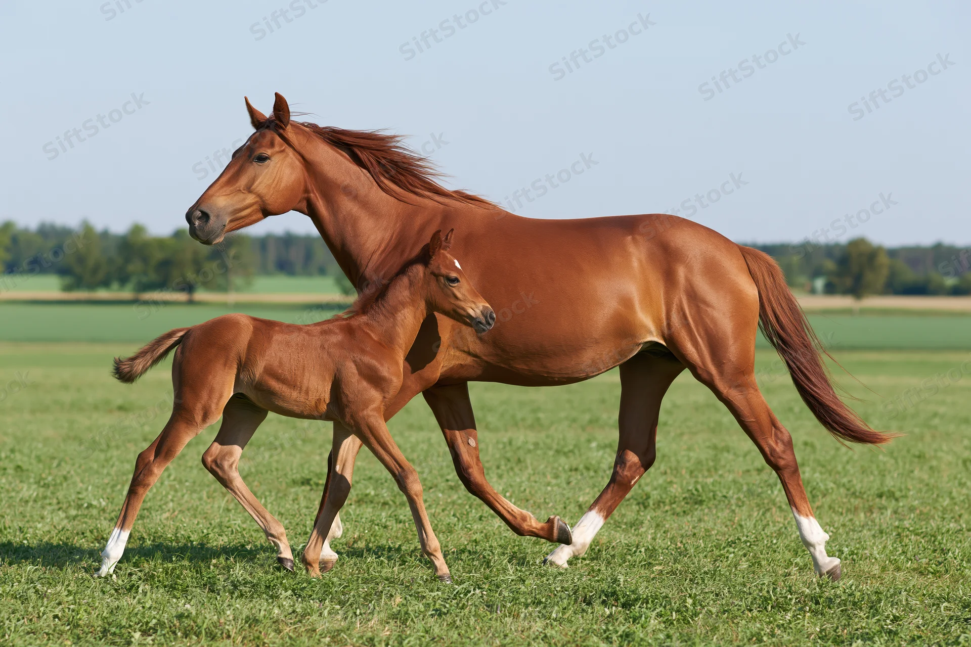 Chestnut mare and her foal trotting together across a green pasture