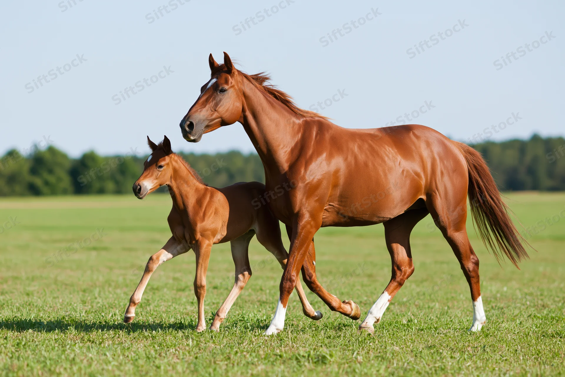 Chestnut mare and her foal trotting across a green pasture