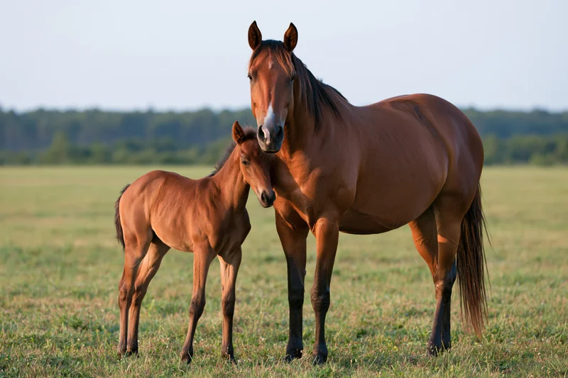 Chestnut mare standing with her foal in a grassy pasture