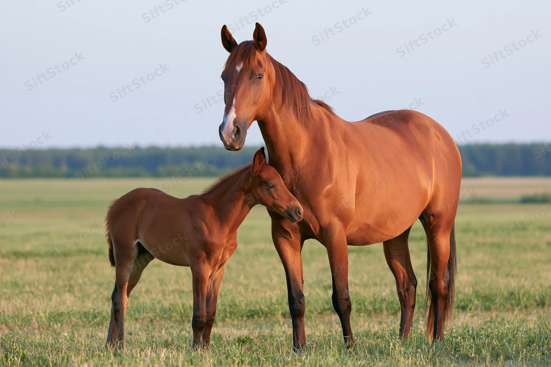 Chestnut mare standing with her foal in a grassy pasture