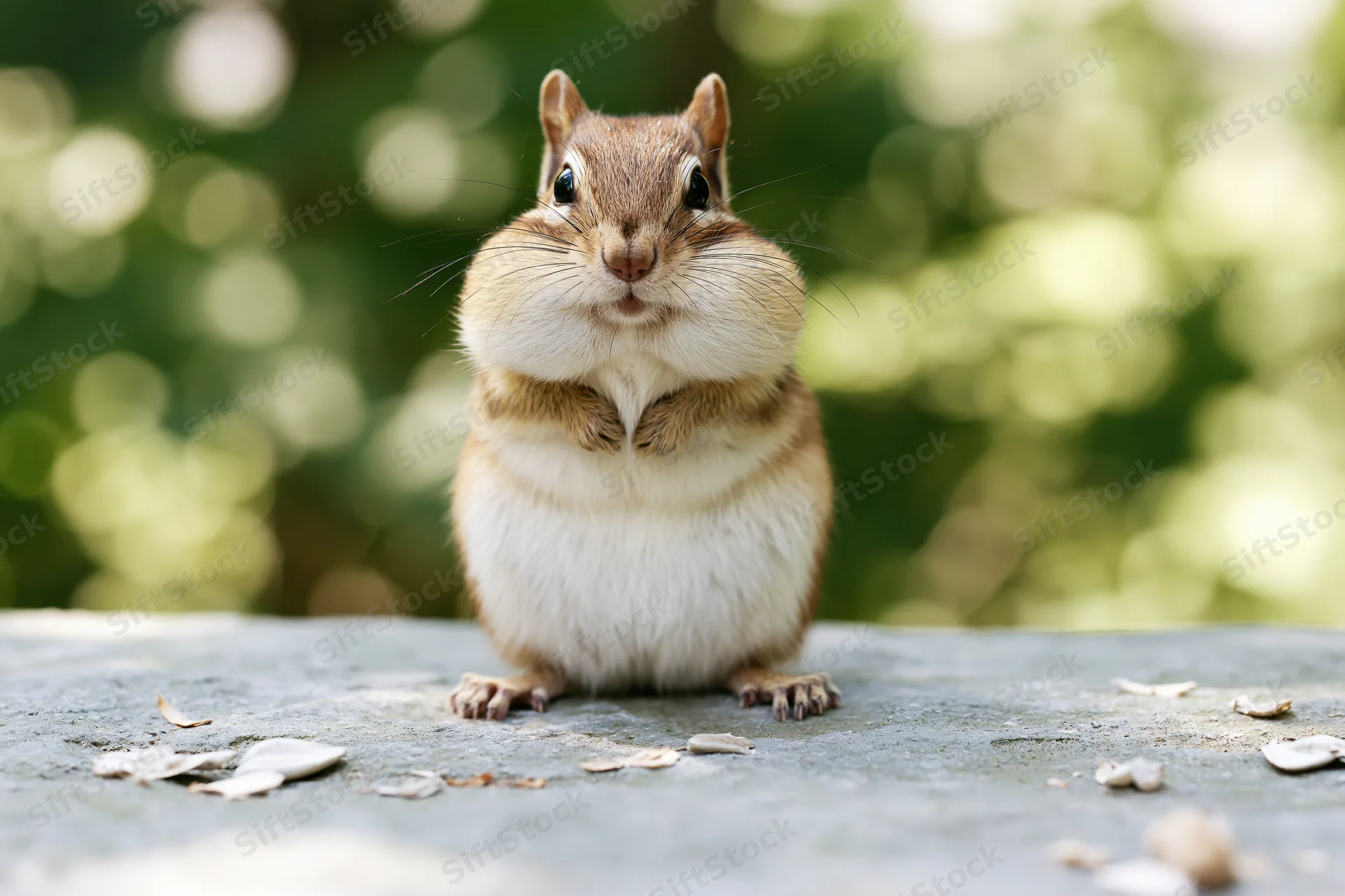 Chipmunk with puffed cheeks sitting upright on a grey stone surface in a sunlit forest setting