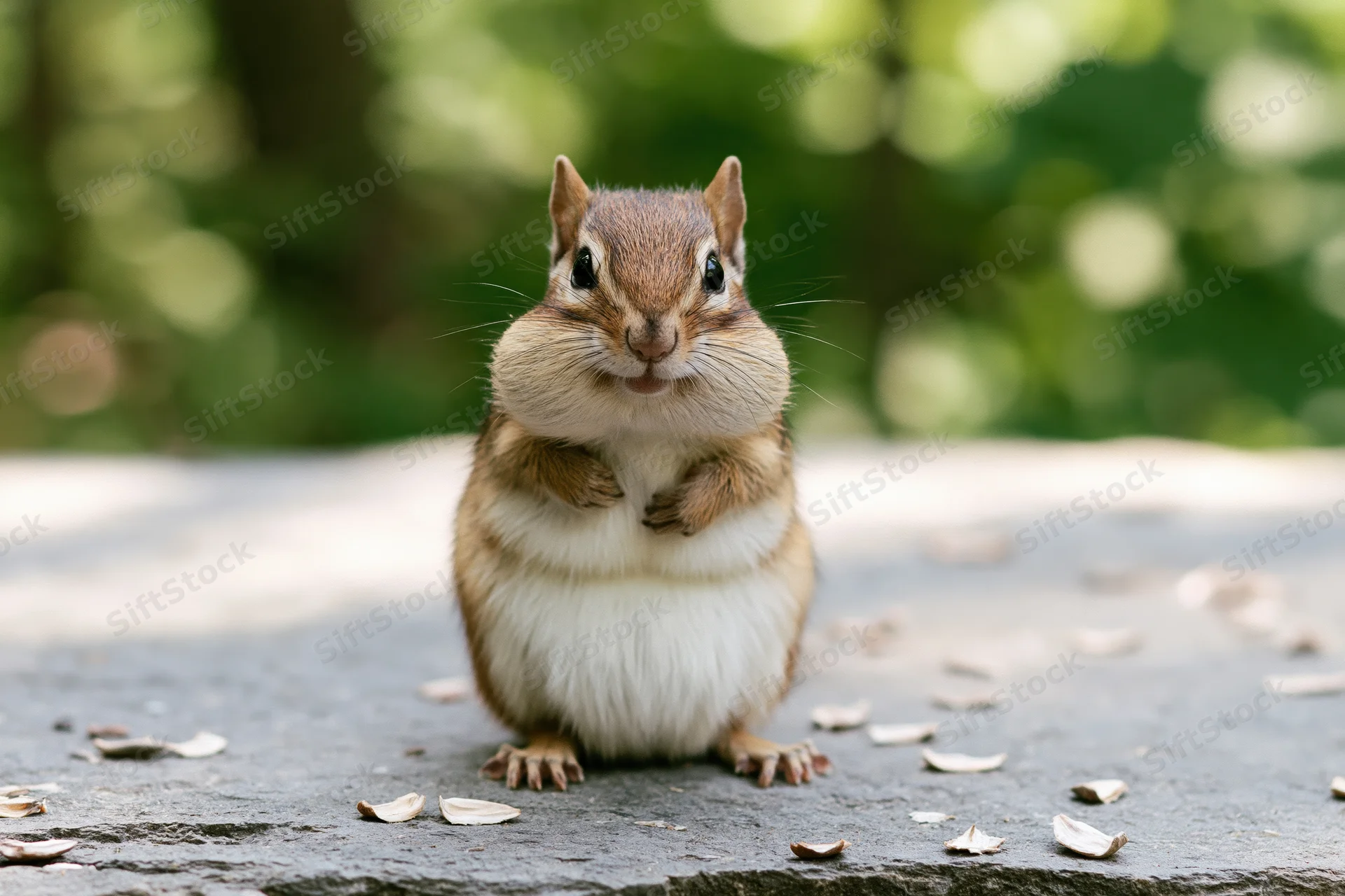 Chipmunk sitting upright on stone surface with full cheeks surrounded by nut shells