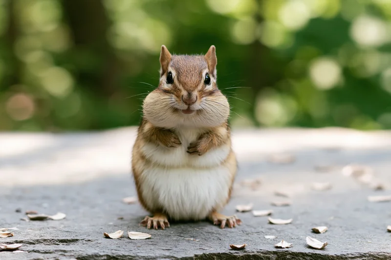 Chipmunk sitting upright on stone surface with full cheeks surrounded by nut shells