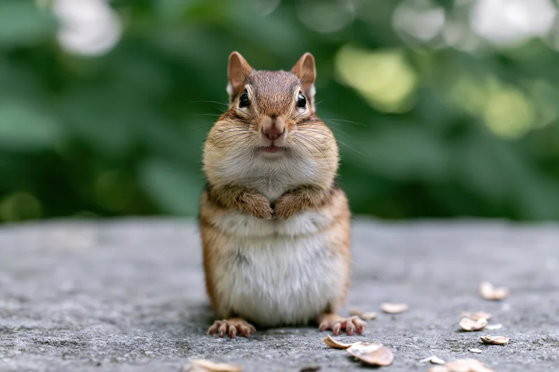 Chipmunk sitting upright on a grey stone surface facing the camera with seeds scattered around