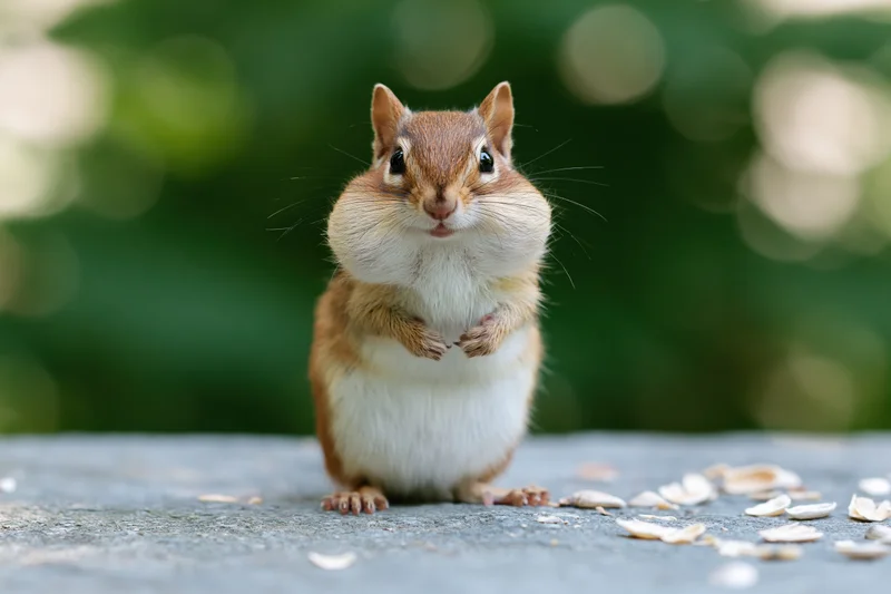 Chipmunk with puffed cheeks standing upright on a grey stone surface among scattered seeds in a green forest setting