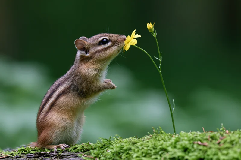 Chipmunk standing upright on mossy log sniffing yellow flower in forest