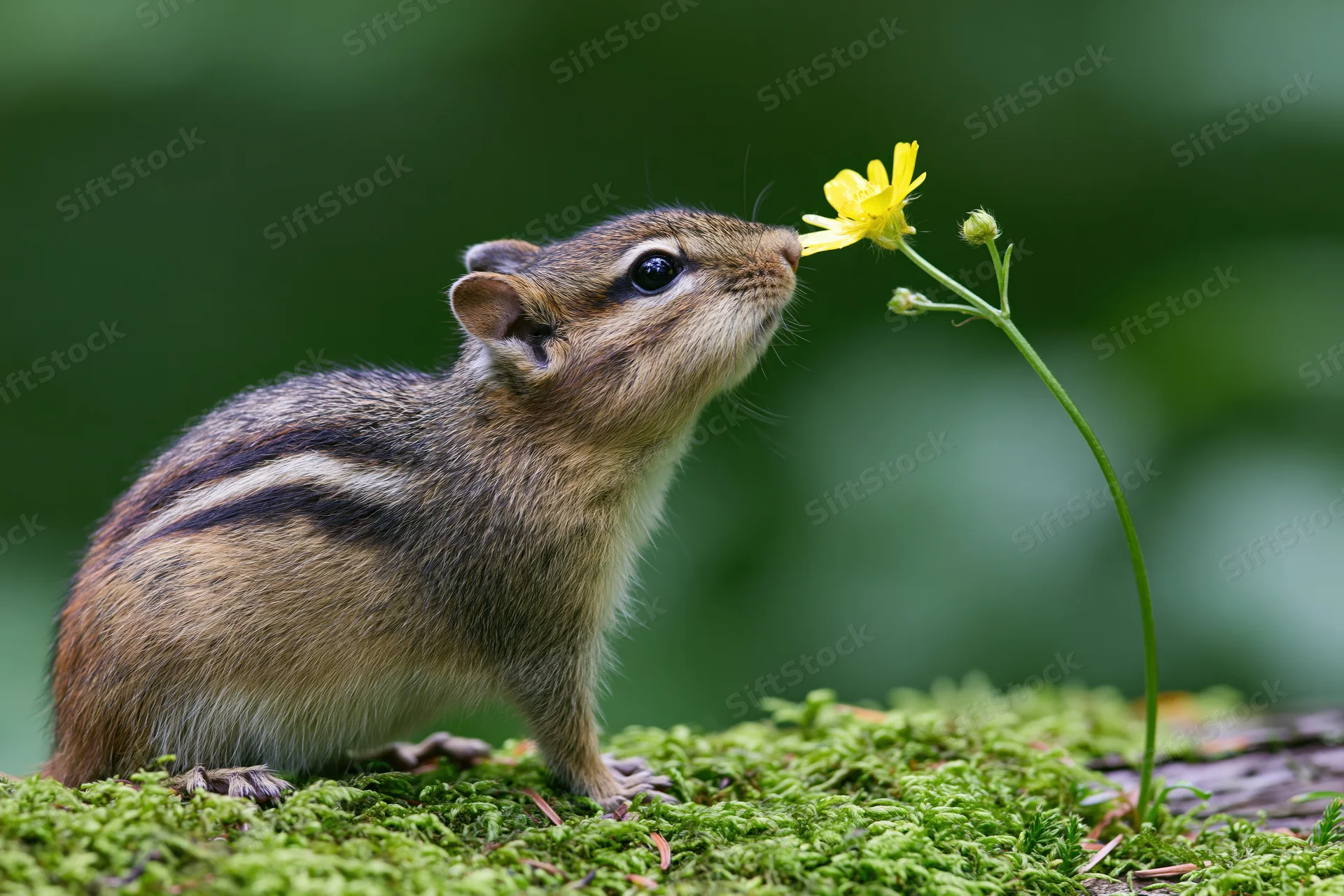 Chipmunk sniffing a yellow flower on a mossy log in a forest setting
