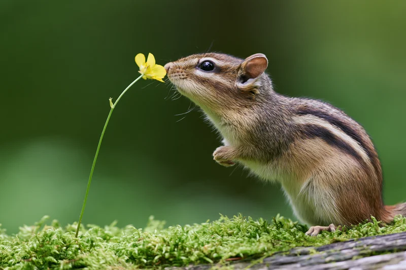 Chipmunk standing on mossy log sniffing yellow flower