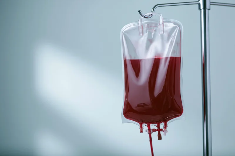 Blood transfusion bag hanging on metal stand with red fluid dripping from tube