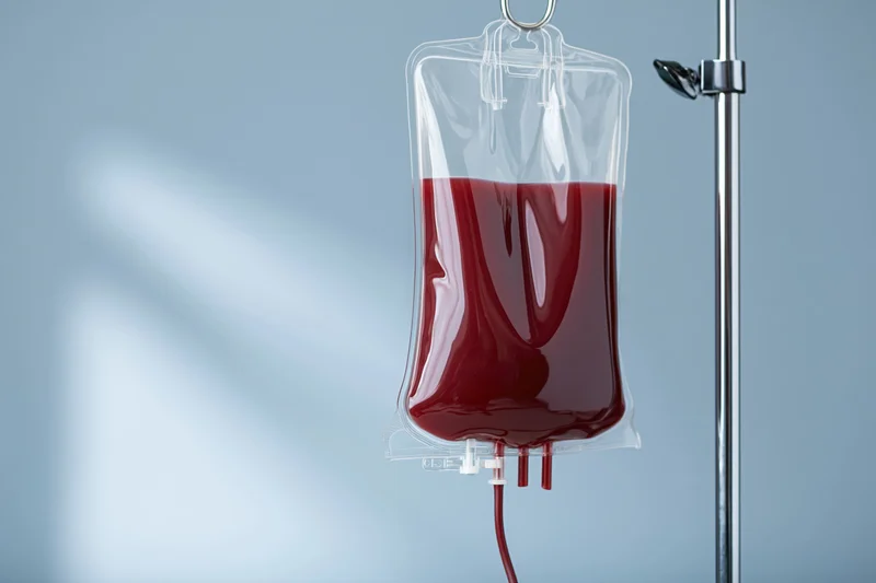 Blood transfusion bag hanging on iv stand with red fluid inside