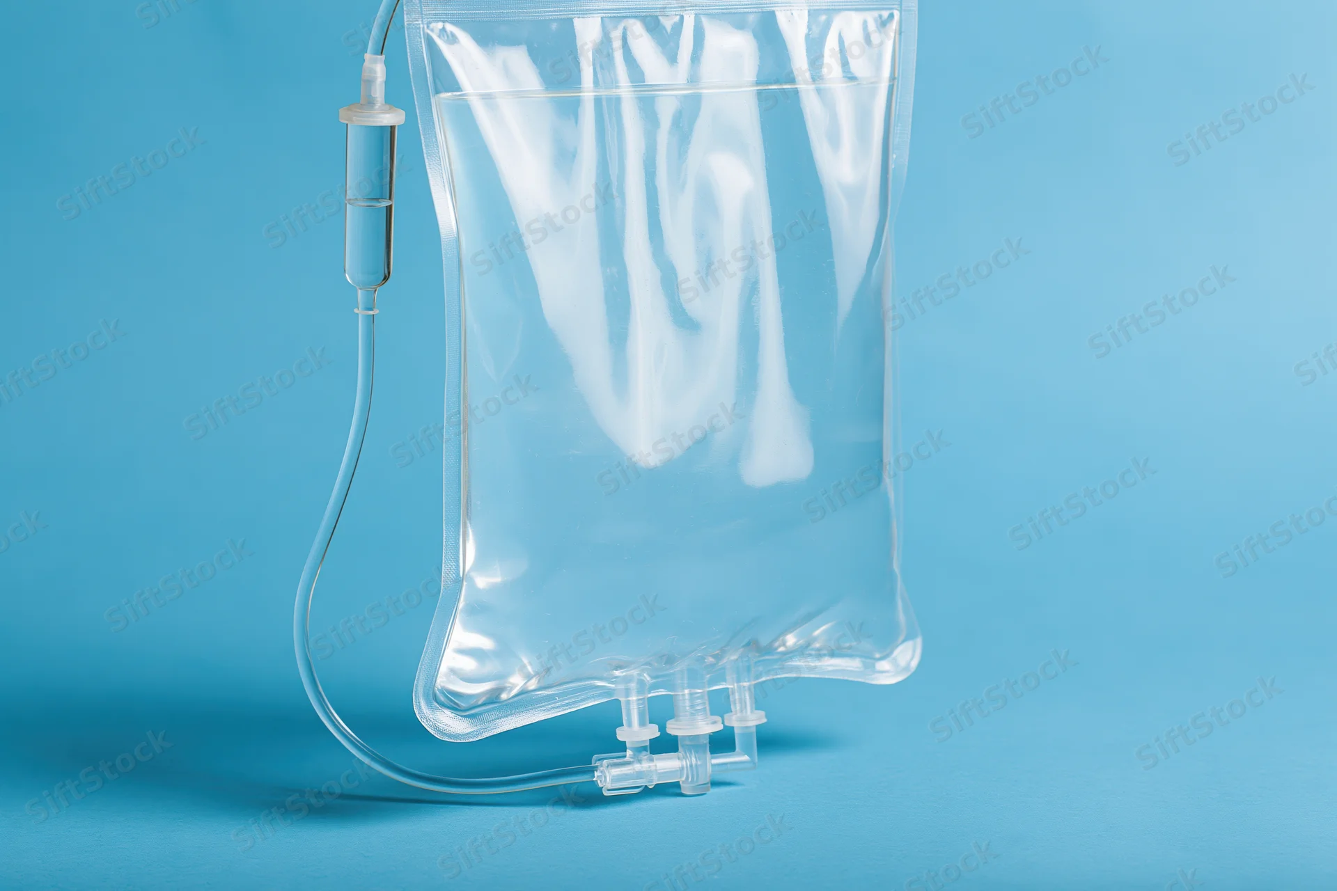 Clear iv saline drip bag with tubing and drip chamber on blue background