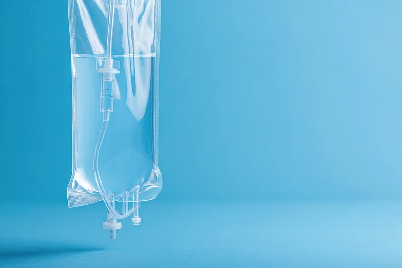 Clear iv saline drip bag with tubing and drip chamber hanging against blue background
