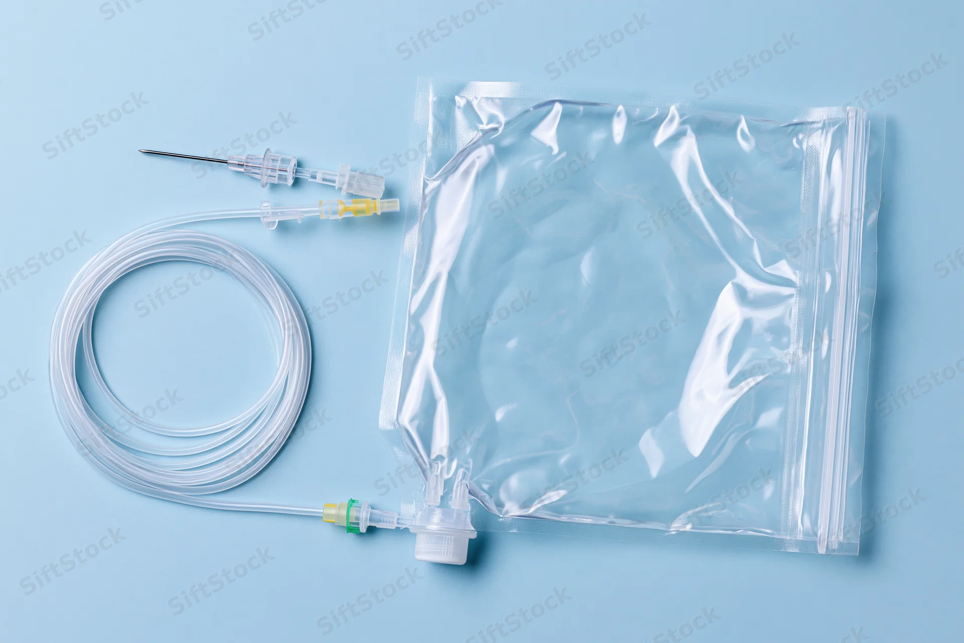 Clear plastic iv saline bag with coiled tubing and needle connector on blue background