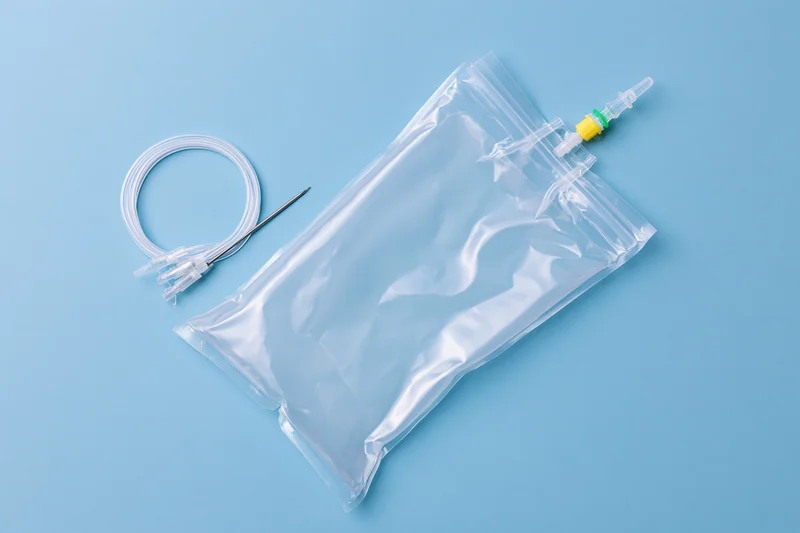 Clear plastic iv saline bag with coiled tubing and needle on blue surface