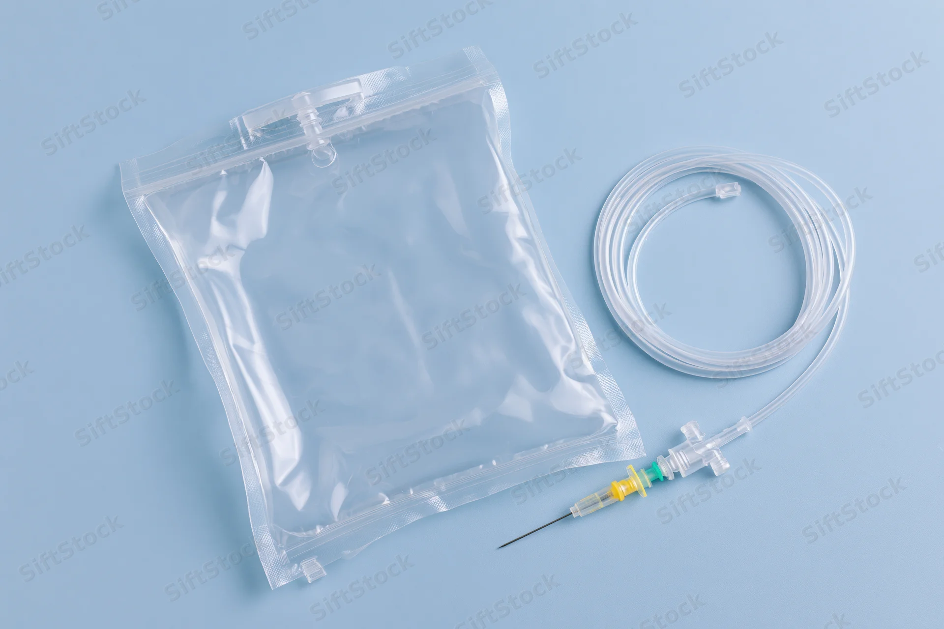 Clear plastic iv saline bag with coiled tubing and needle connector on blue background