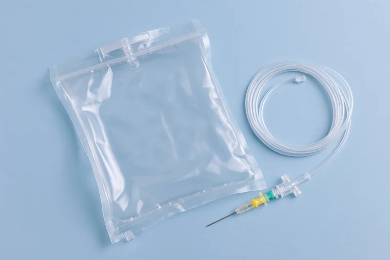 Clear plastic iv saline bag with coiled tubing and needle connector on blue background
