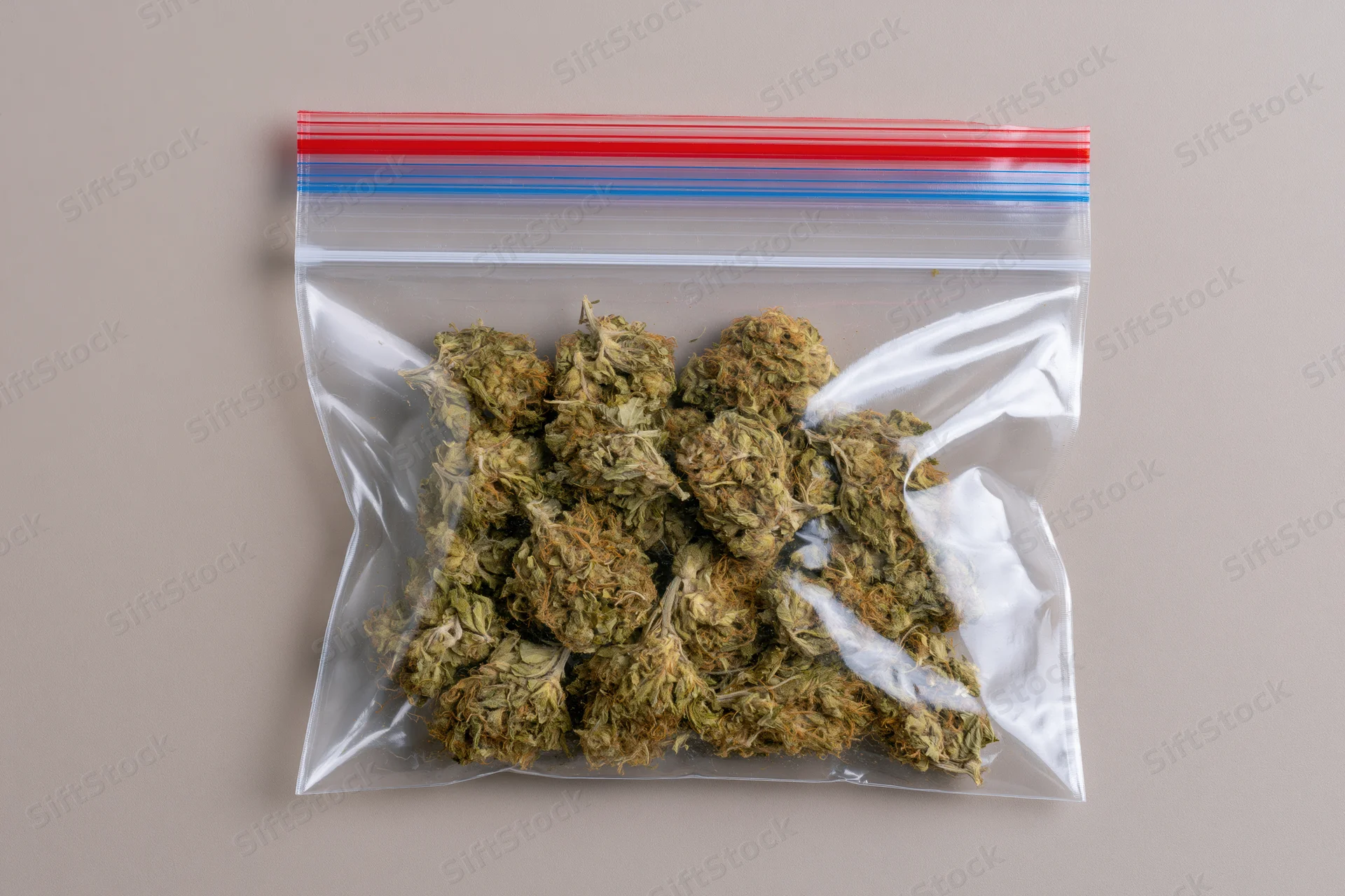Dried cannabis buds in a clear zip-lock plastic bag on a neutral surface