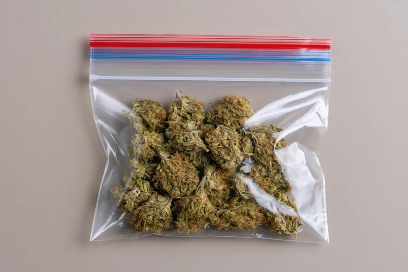 Dried cannabis buds in a clear zip-lock plastic bag on a neutral surface