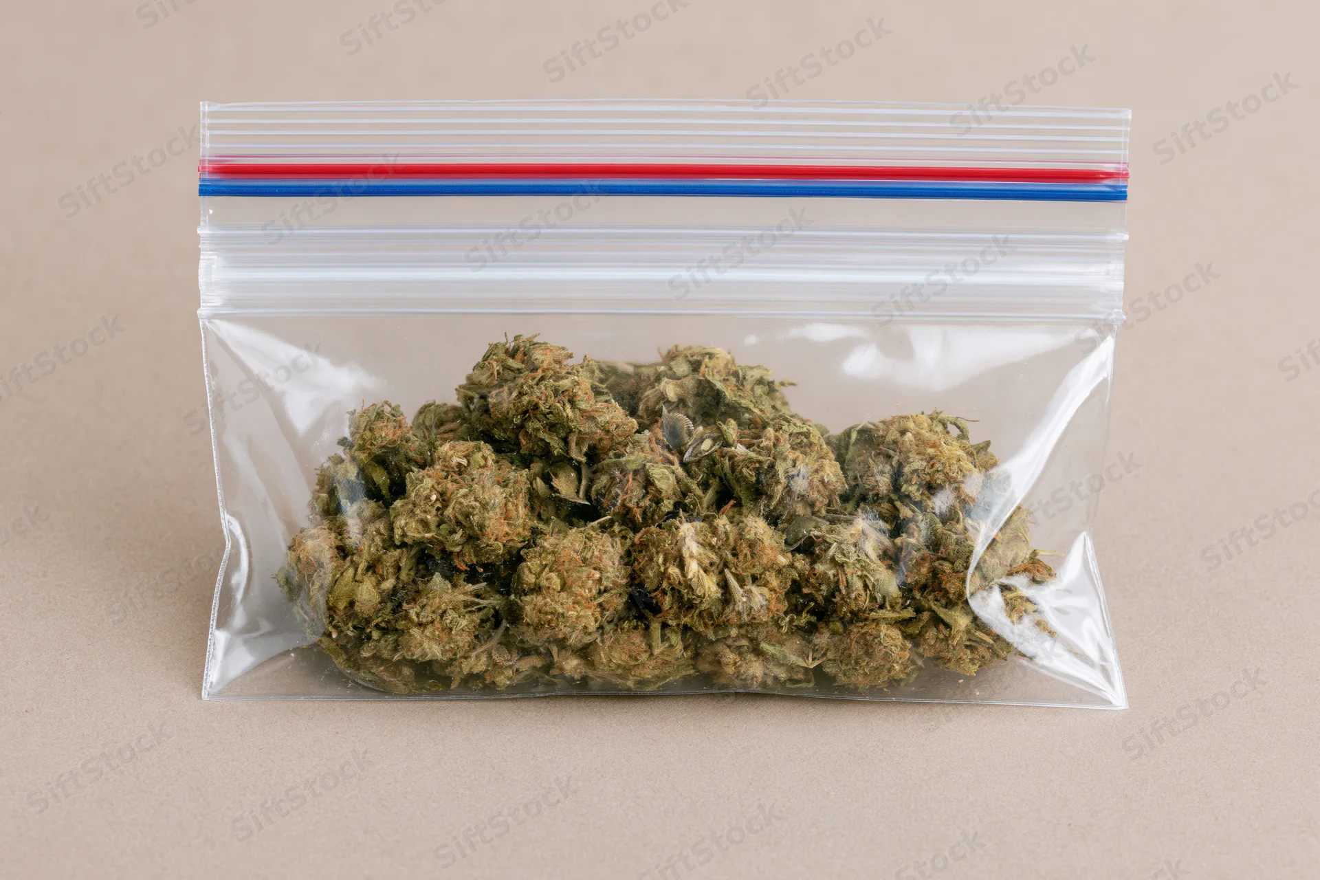 Dried cannabis buds in a clear zip-lock bag on a beige surface