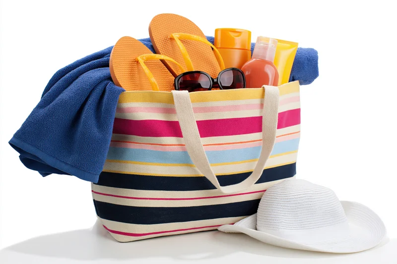 Colorful striped canvas beach bag filled with flip flops, sunglasses, towel, sunscreen and a hat on white background
