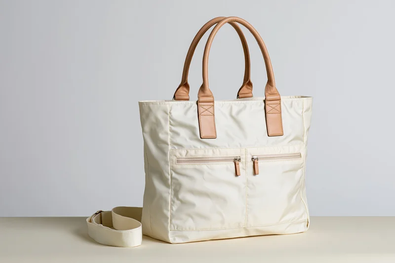 Cream canvas tote bag with tan leather handles and front zip pockets on a neutral surface