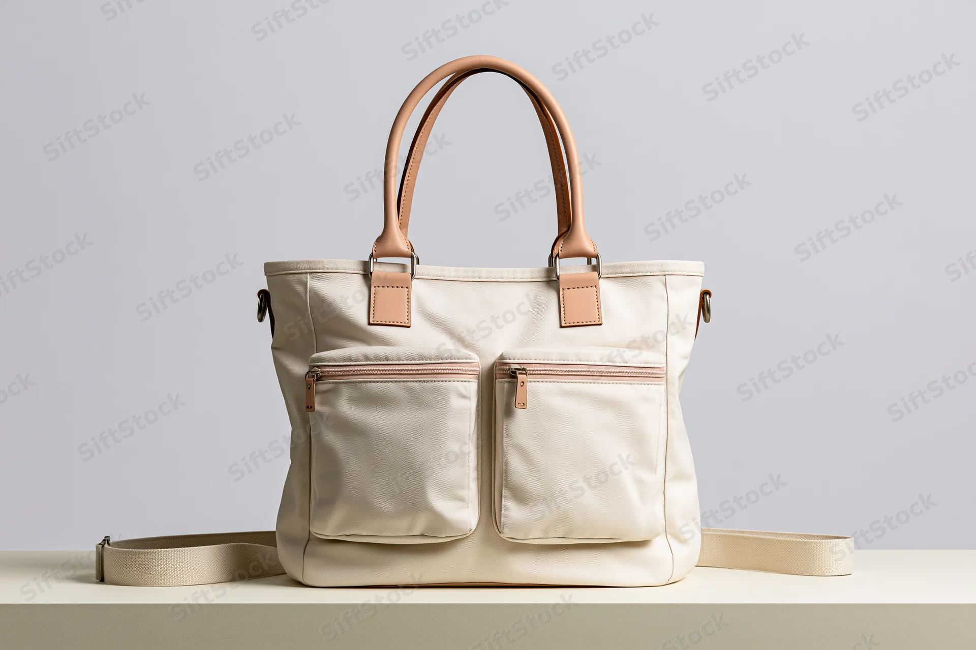 Cream canvas tote bag with tan leather handles and front zip pockets on white surface