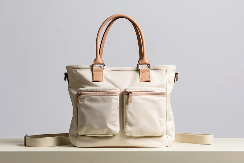 Cream canvas tote bag with tan leather handles and front zip pockets on white surface