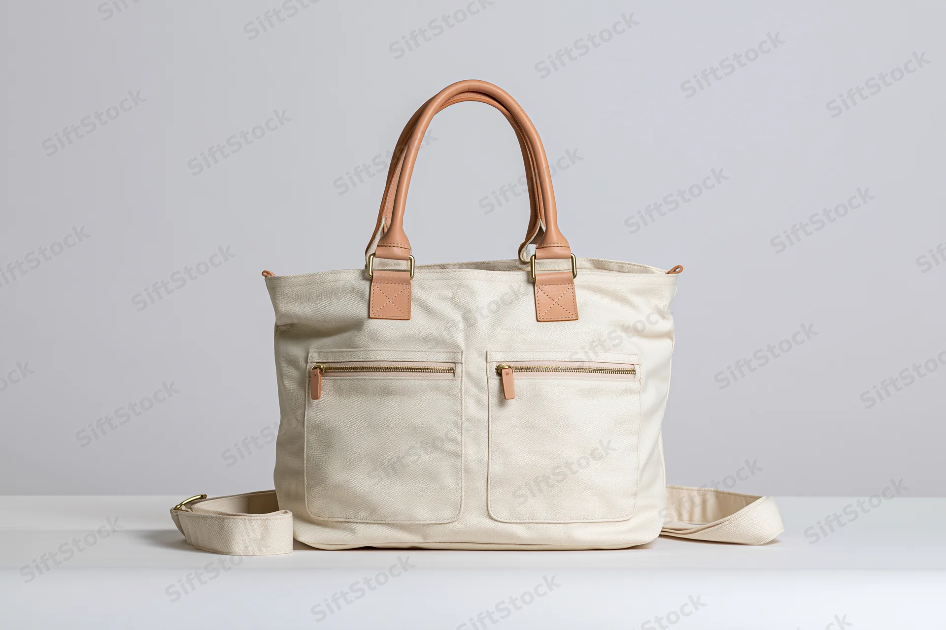 Cream canvas tote bag with tan leather handles and front zip pockets on white surface