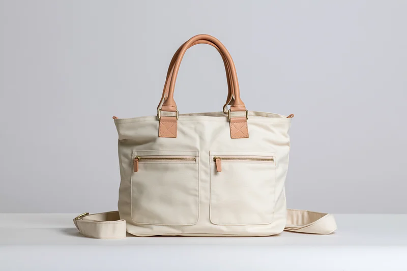 Cream canvas tote bag with tan leather handles and front zip pockets on white surface