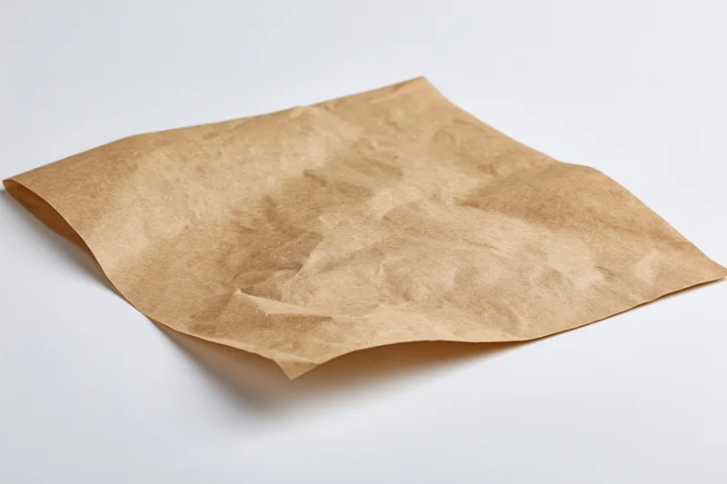 Crumpled brown kraft parchment paper sheet on white background