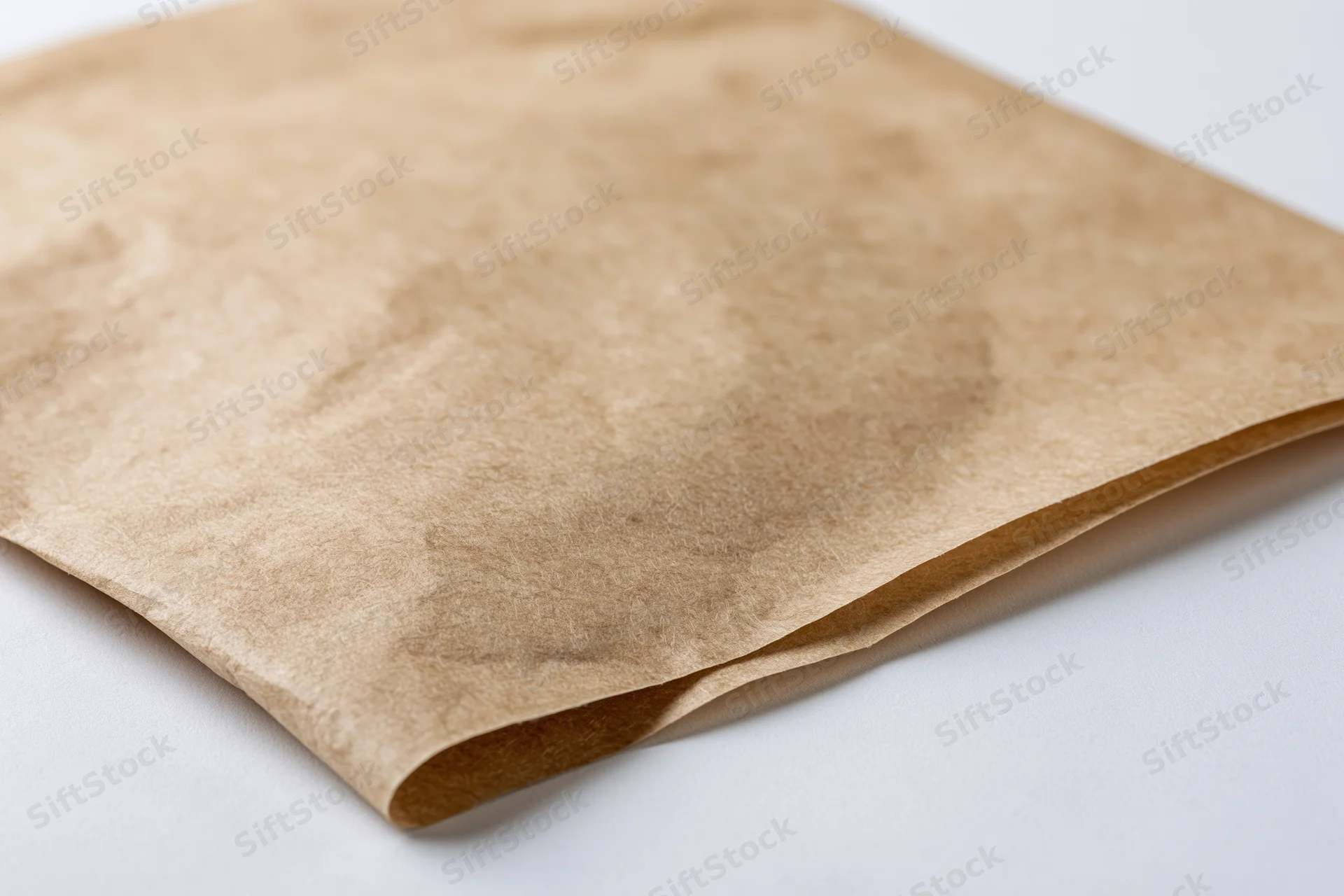 Crumpled square sheet of brown kraft parchment paper on white surface