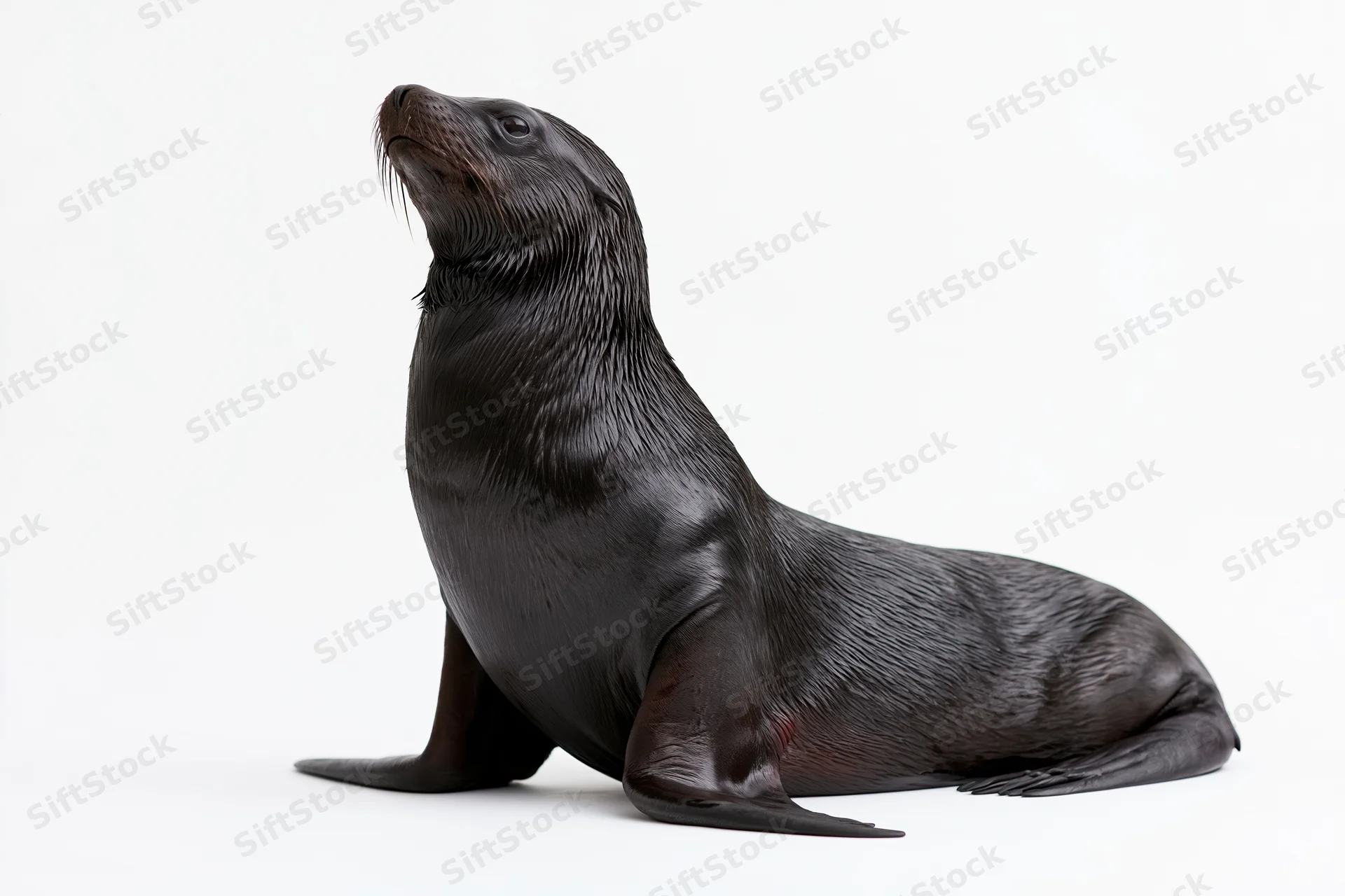 Dark-coated california sea lion resting upright on front flippers against white background