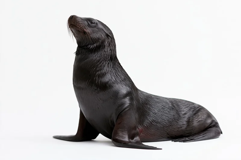 Dark-coated california sea lion resting upright on front flippers against white background
