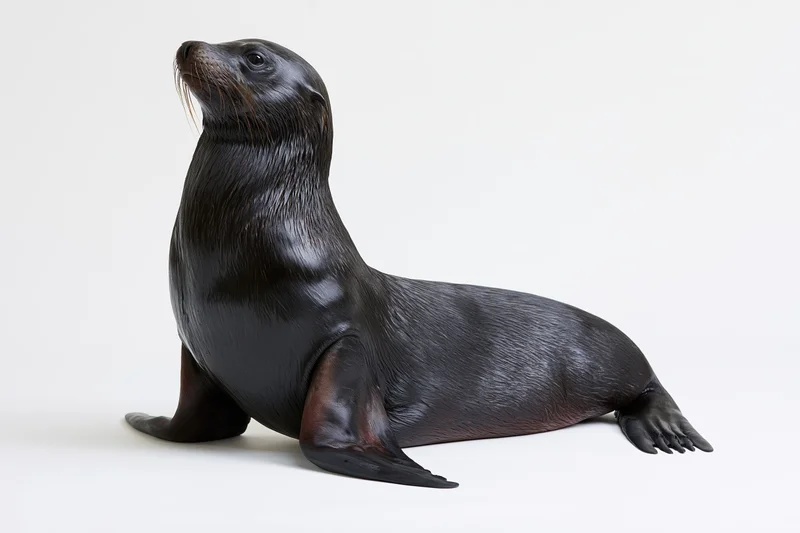 Dark-coated california sea lion resting upright on white background