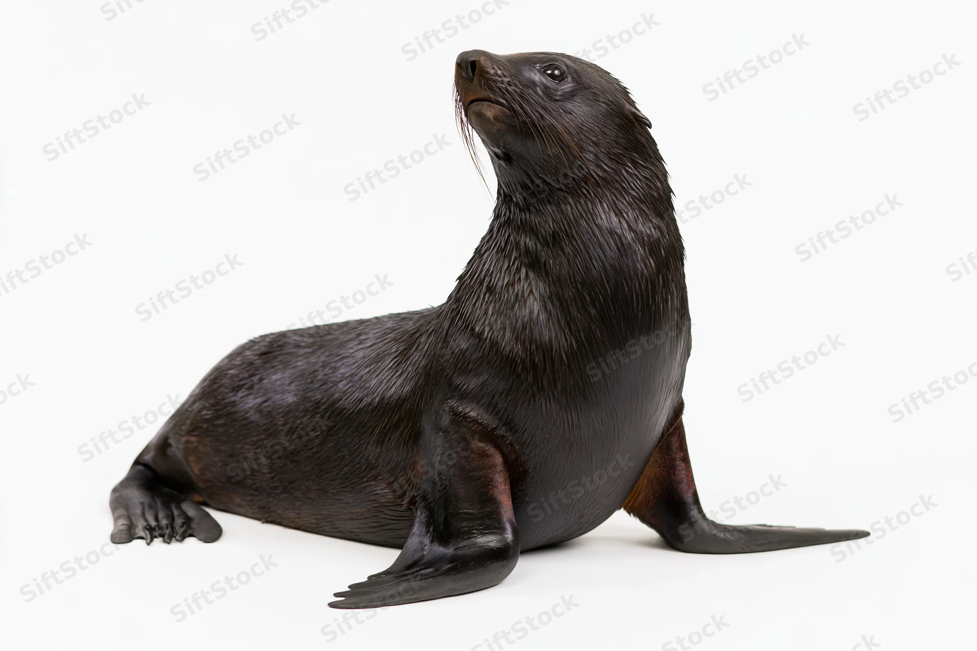 Dark-coated california sea lion resting upright on white background with front flippers extended