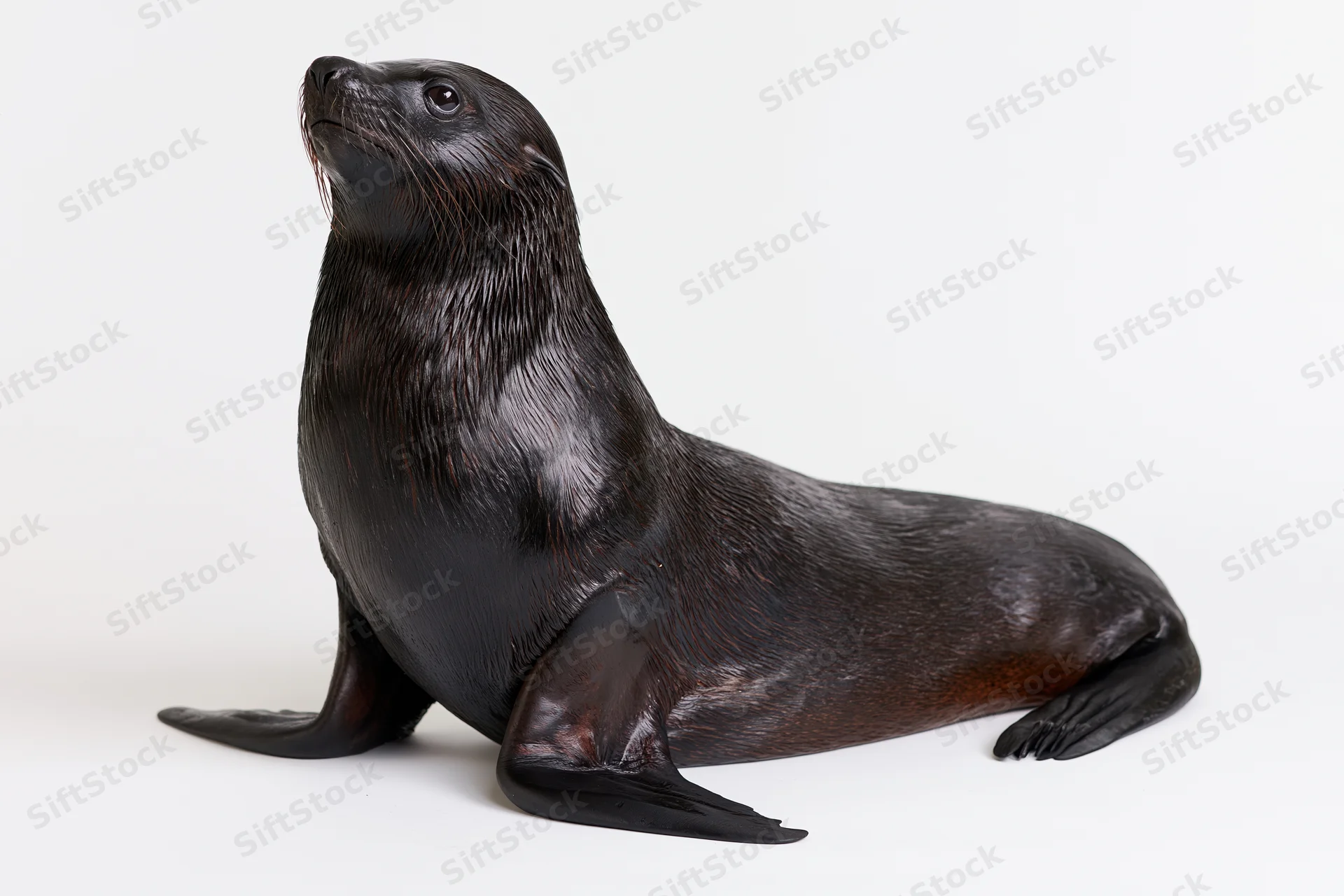 Dark-coated california sea lion resting upright on white background